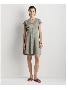 Quince Tencel Button Front Dress Womens Small Olive Green V Neck Short Sleeve